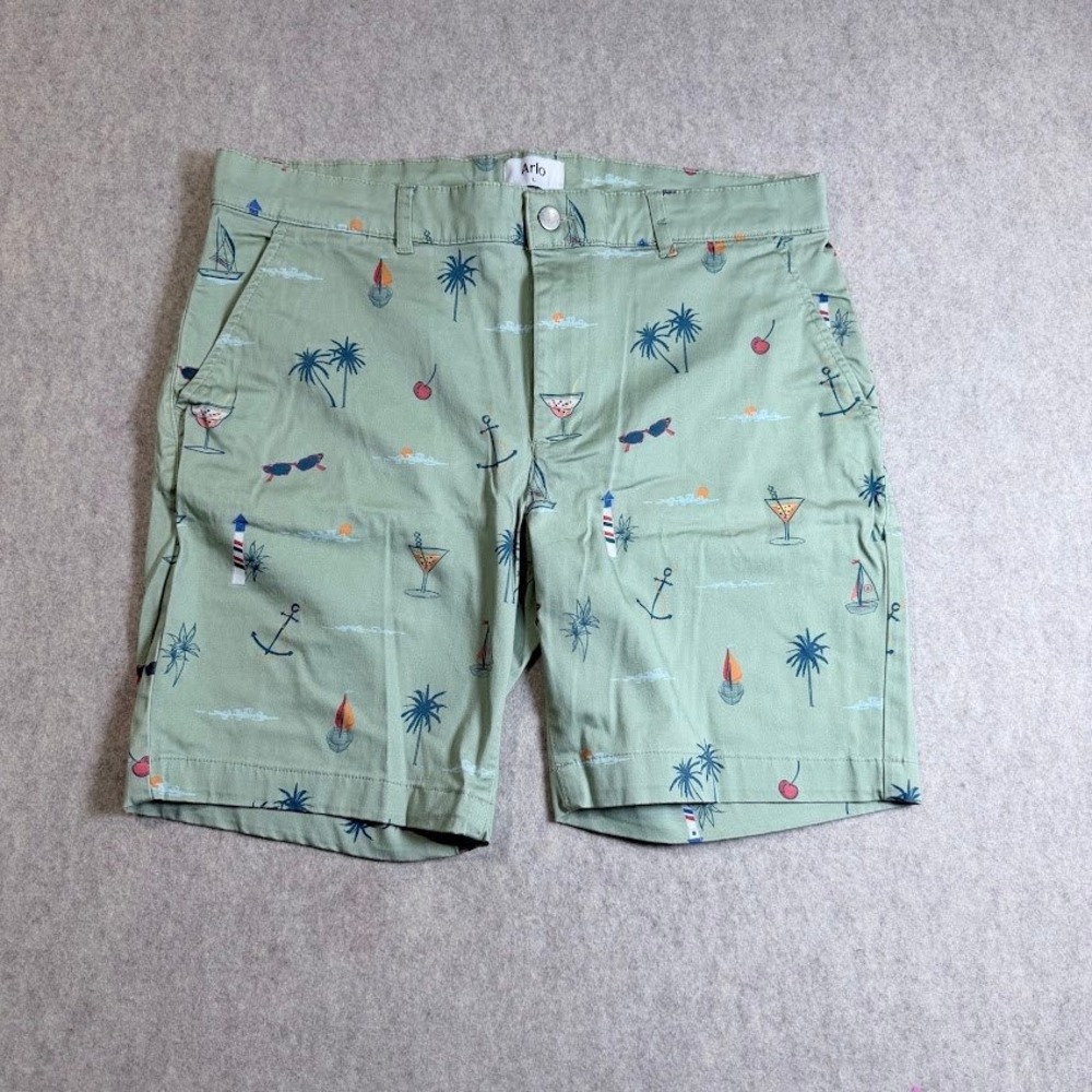 Arlo Chino Shorts Mens L Green Organic Cotton Tropical Beach Coastal Summer Prep